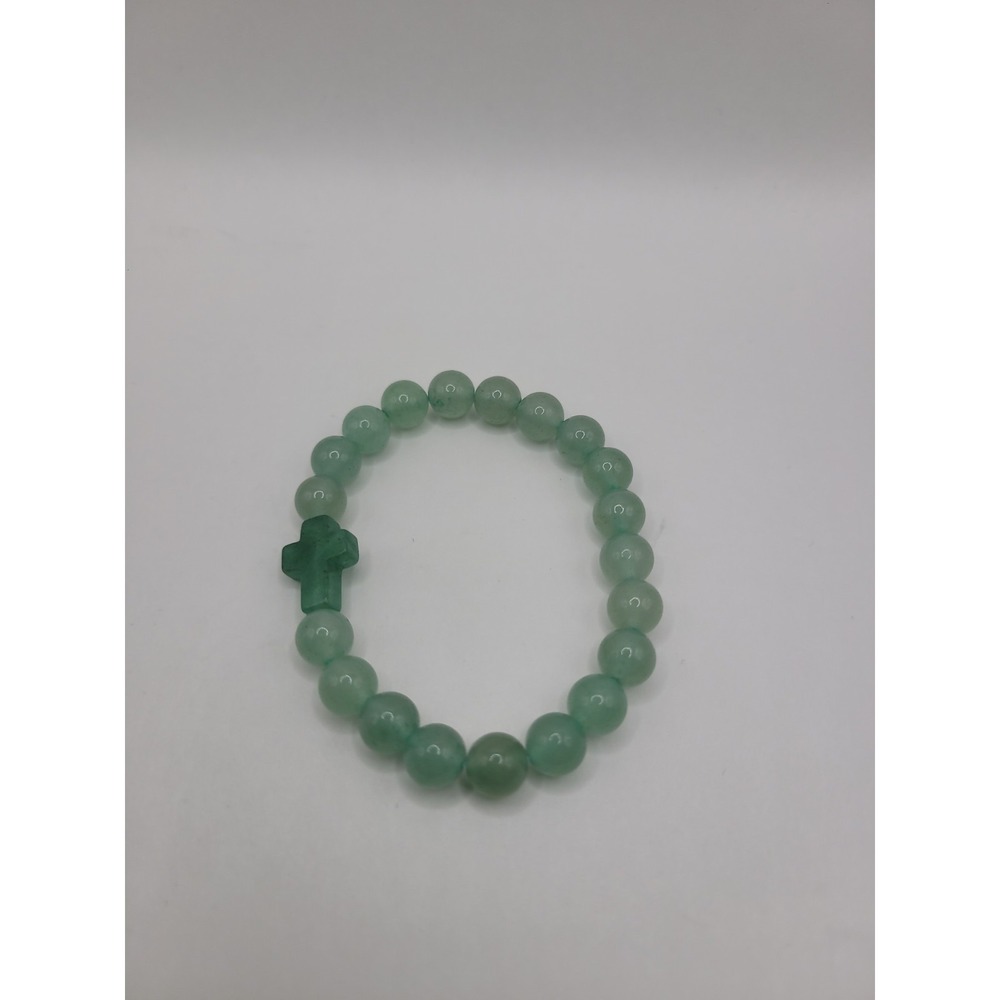 Green Cross Beaded‎ Stretch Bracelet Christian Faith Jewelry Aventurine  Style